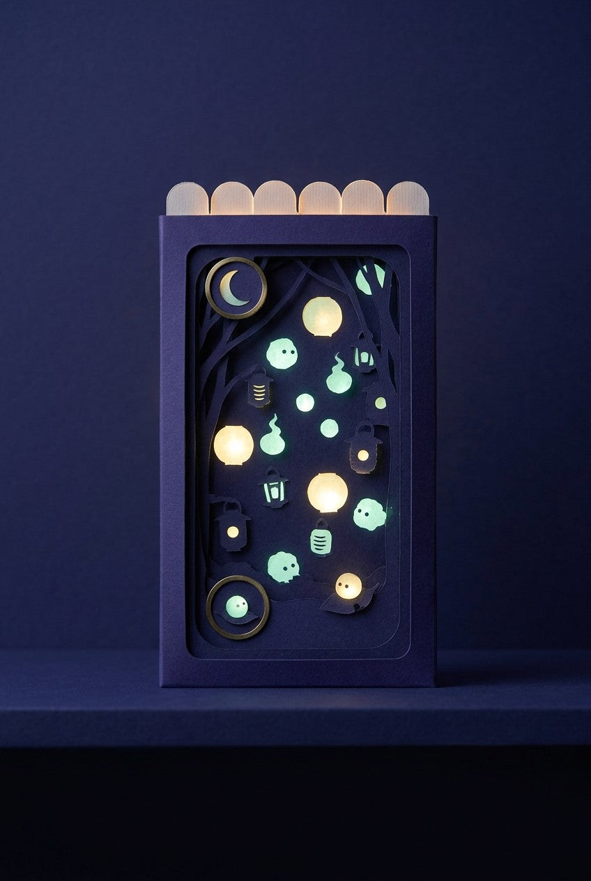 Fluorescent Spirits Pocket Story: navy sleeve with glowing paper spirits on a back-lit shelf