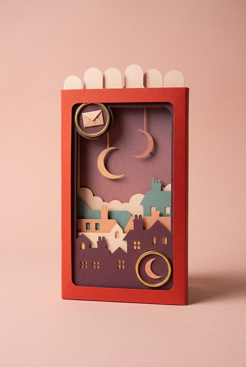 Love Letters Pocket Story (working name), Valentine edition: red sleeve, two moons over paper rooftops