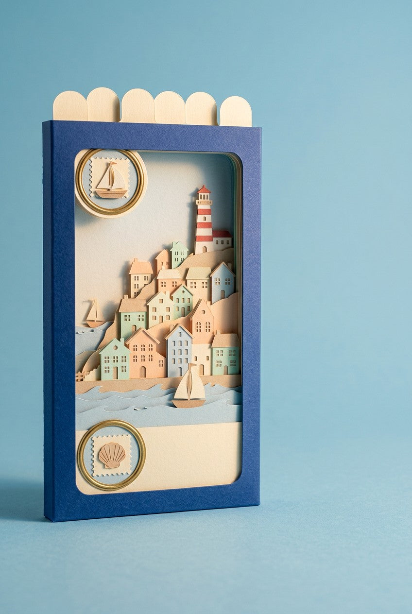 Postcards from Nowhere Pocket Story: blue sleeve, paper coastal town with a lighthouse and sailboats