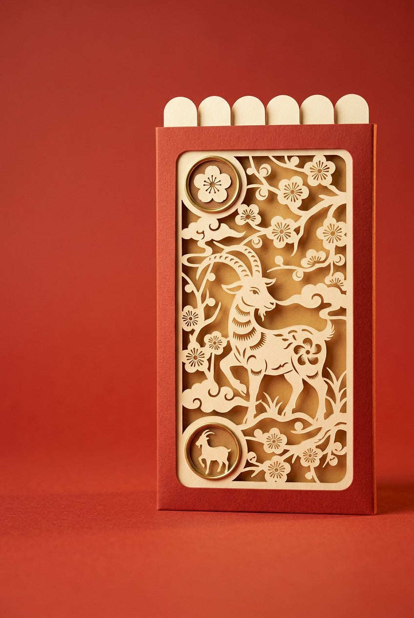 Year of the Goat Pocket Story: red sleeve, paper-cut goat among plum blossoms