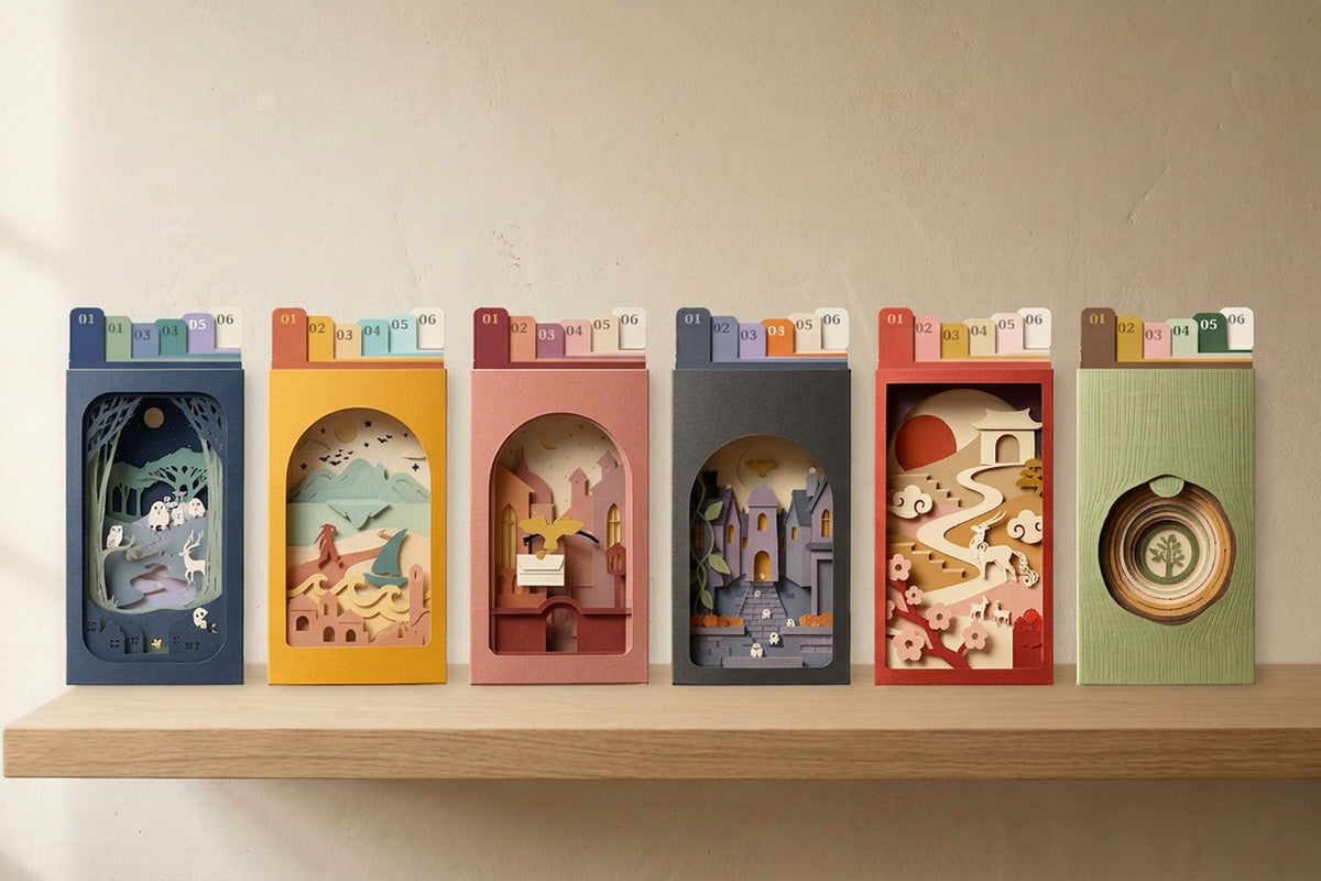 The six Pocket Stories side by side on an oak shelf