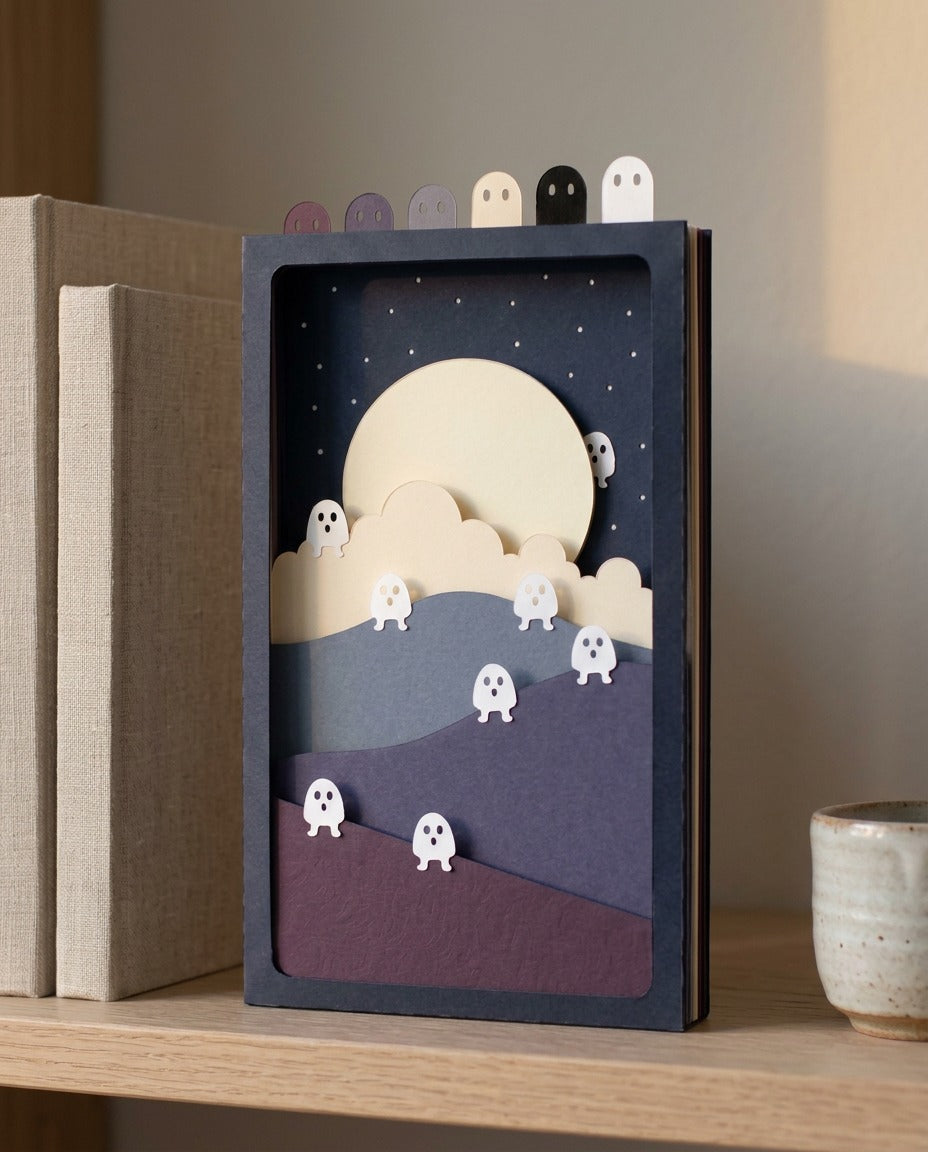 Fluorescent Spirits Pocket Story standing on an oak shelf beside books