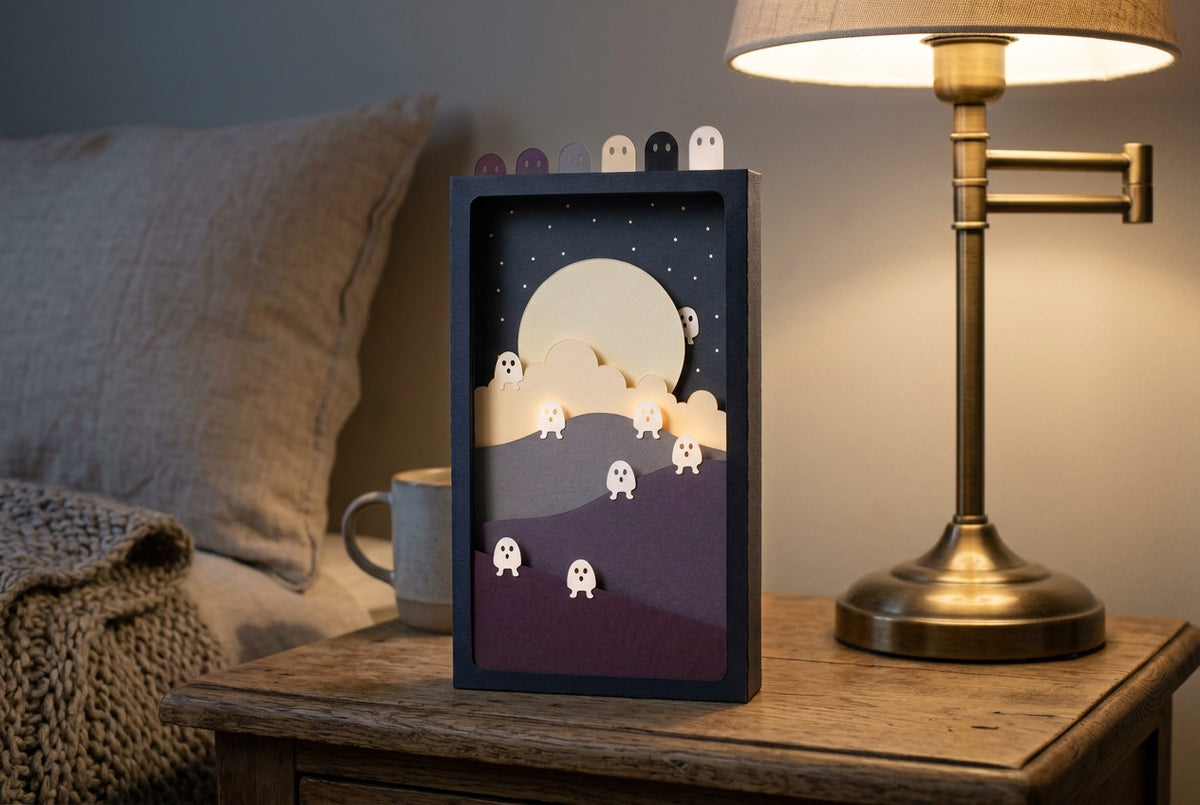 Fluorescent Spirits Pocket Story on a bedside table at night under a lamp
