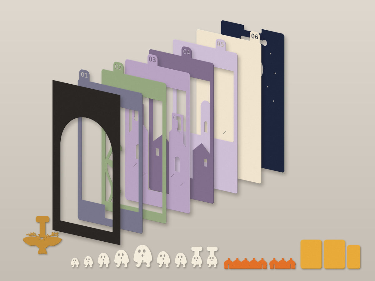 Vue éclatée de la Pocket Story Halloween Invasion : étui, six couches et pièces mobiles