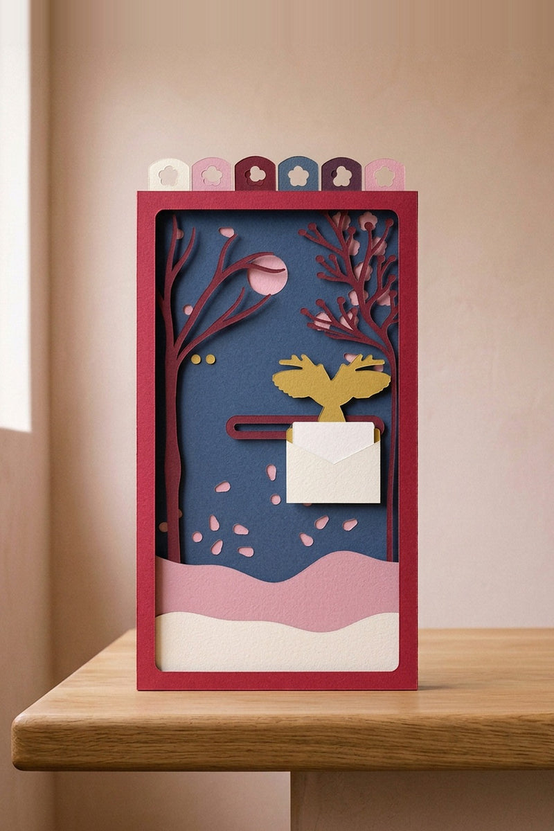 Love Letters Pocket Story from the front: gold owl with a cream envelope under a pink moon, almond trees in a deep red sleeve (AI-generated image)
