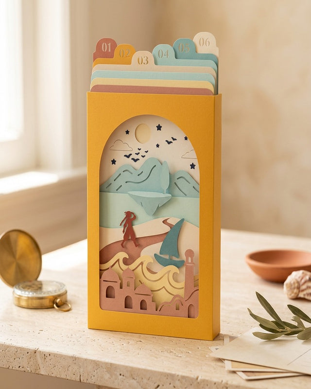 Pocket Story Postcards from Nowhere, Papierszene in ihrer Hülle, als Stillleben