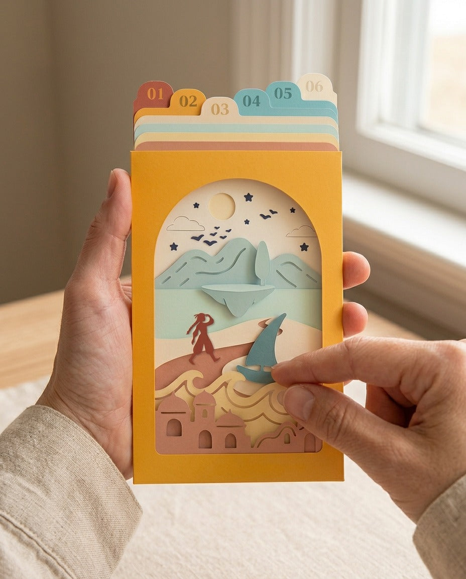 Pocket Story Postcards from Nowhere in der Hand, eine Papierszene im Handformat