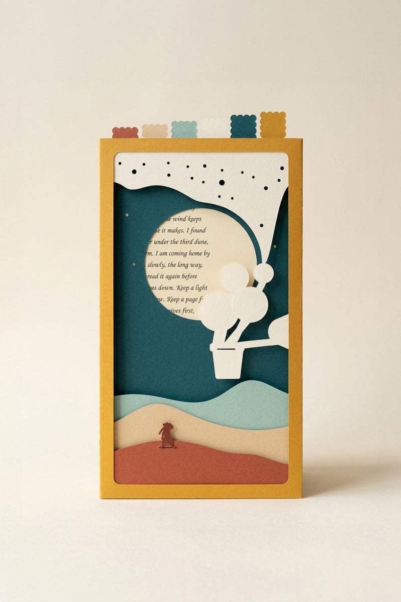 Dear Pen Pal Pocket Story seen from the front: a traveller on coloured dunes under a sun of handwritten letters, in a saffron sleeve (AI-generated image)