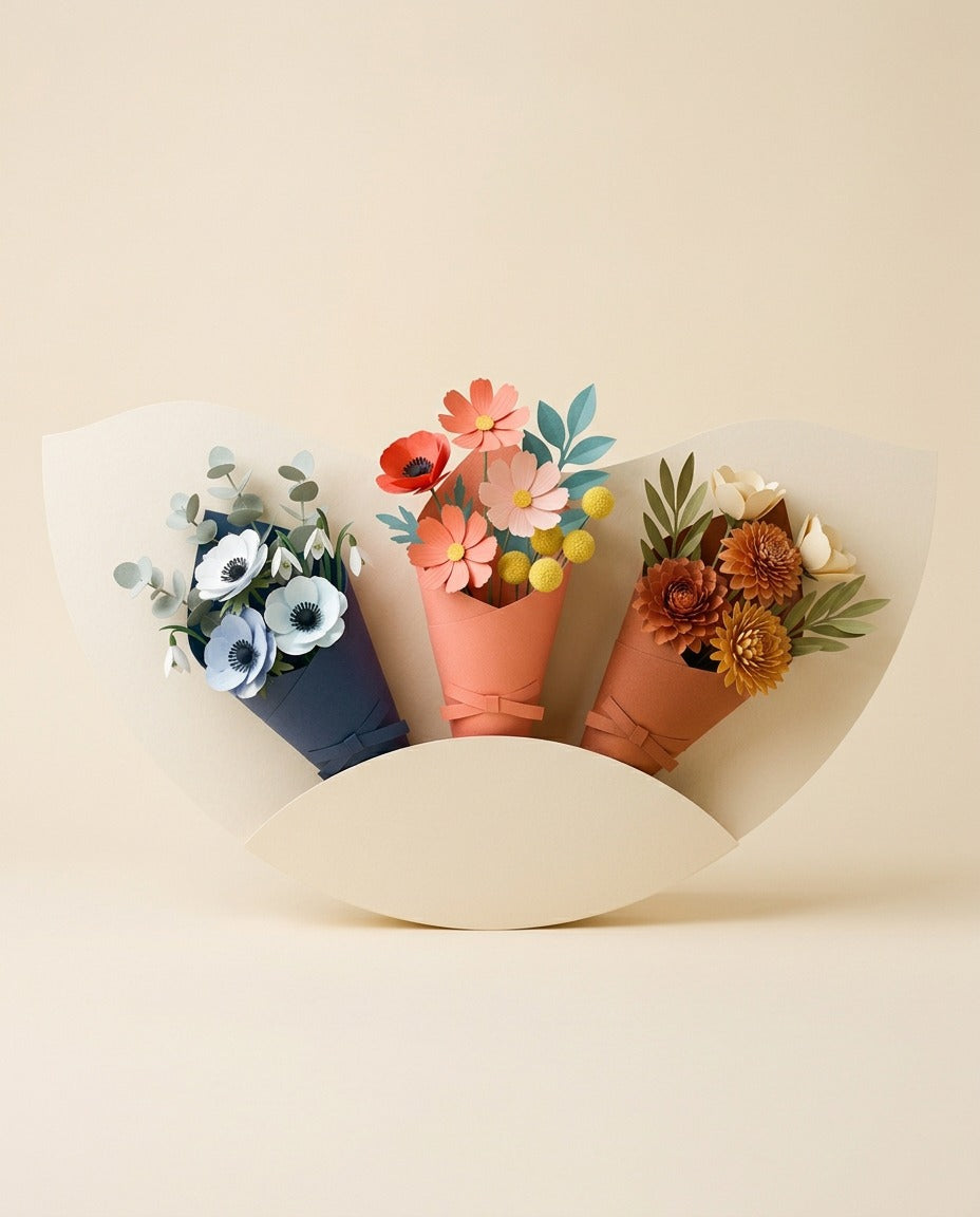 Paper Flowers Trio Landscapes of the Tale, front view on cream