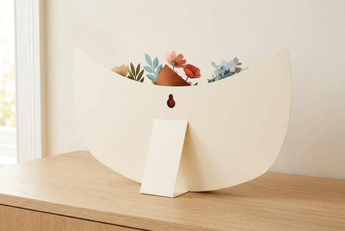 Back of the Paper Flowers Trio crescent with stand and keyhole