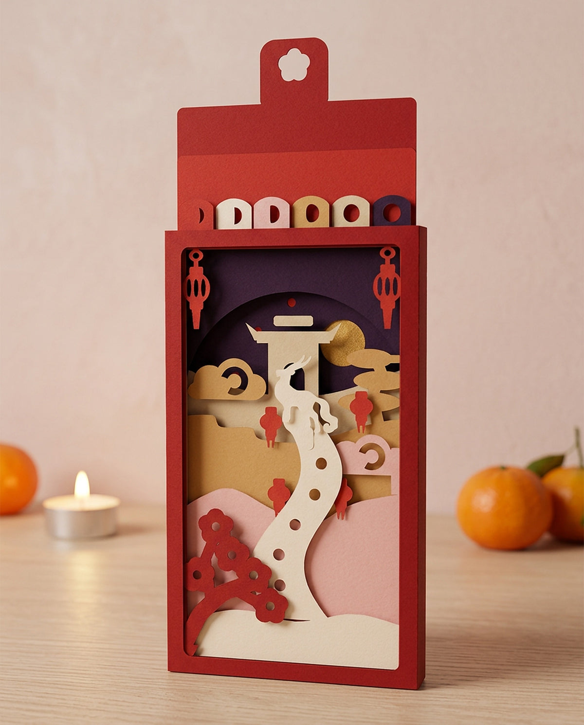 Year of the Goat paper-art hongbao in night position by warm lamp light